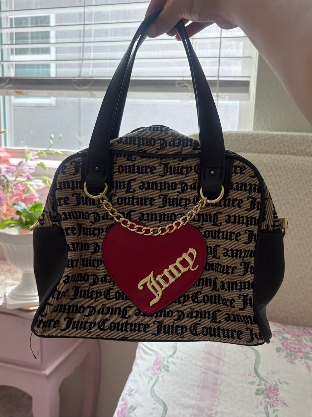 Juicy Couture Black Logo Satchel with Red Heart Charm and Gold Chain